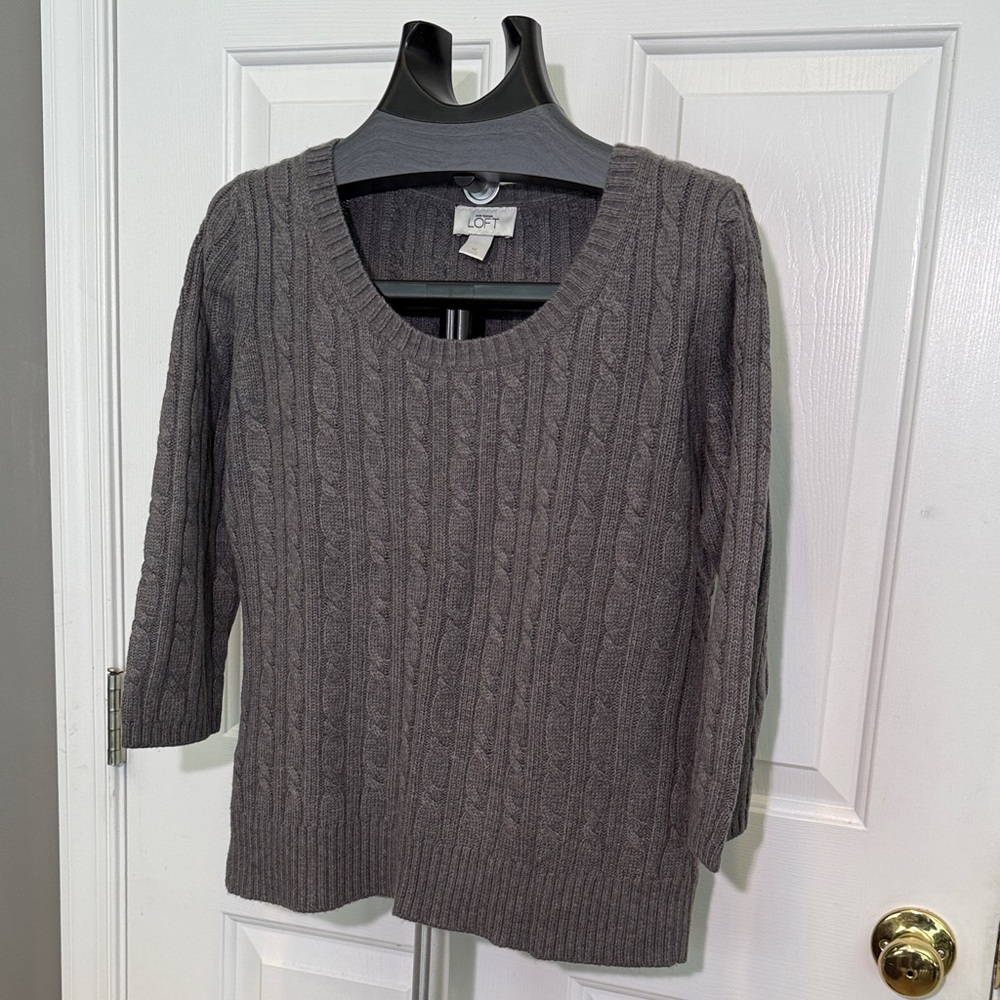 LOFT Charcoal Cable Knit Sweater with 3/4 Sleeve